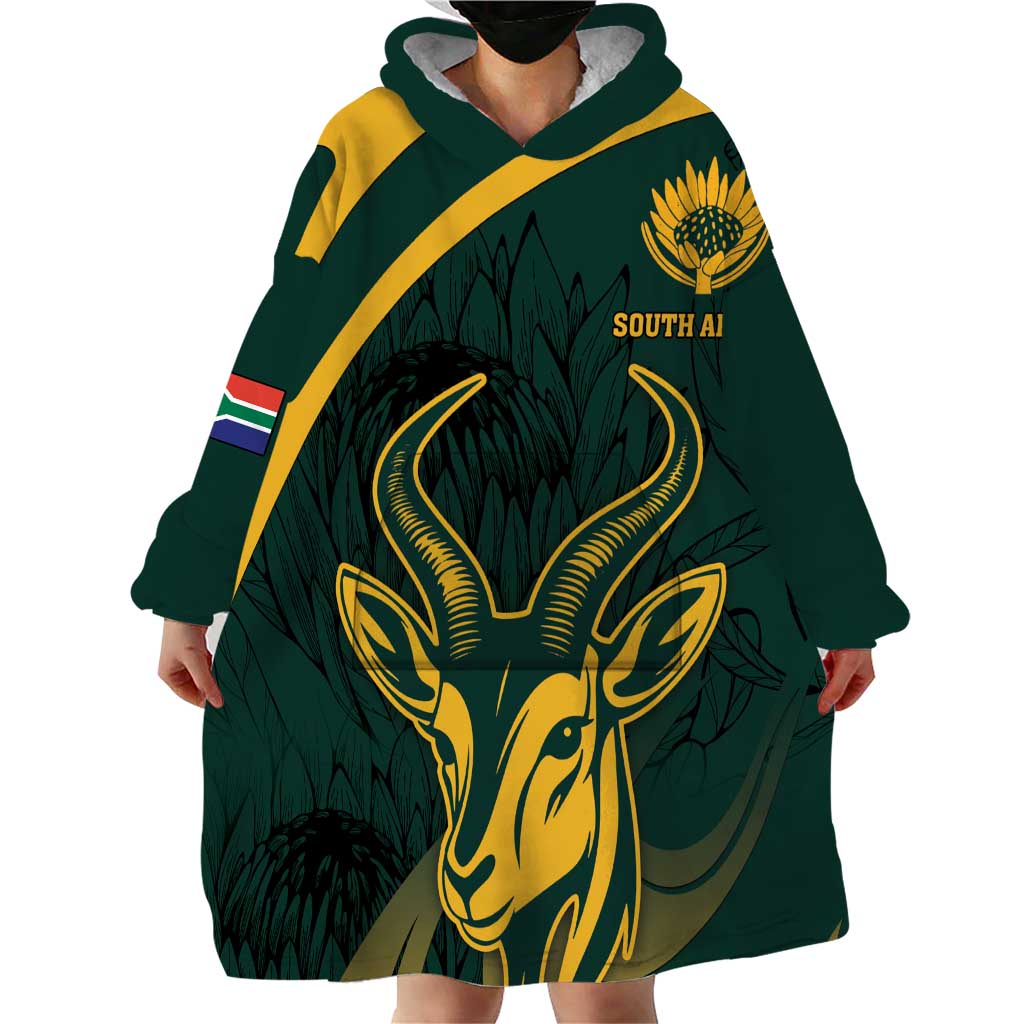 Personalized South Africa Springbok Wearable Blanket Hoodie With Trendy Protea Flowers Patterns - Wonder Print Shop