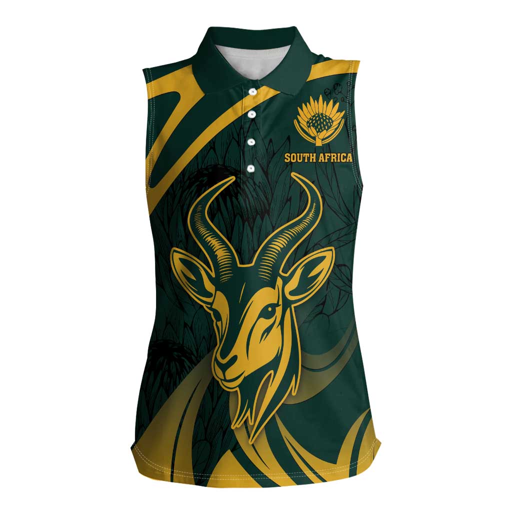 Personalized South Africa Springbok Women Sleeveless Polo Shirt With Trendy Protea Flowers Patterns - Wonder Print Shop