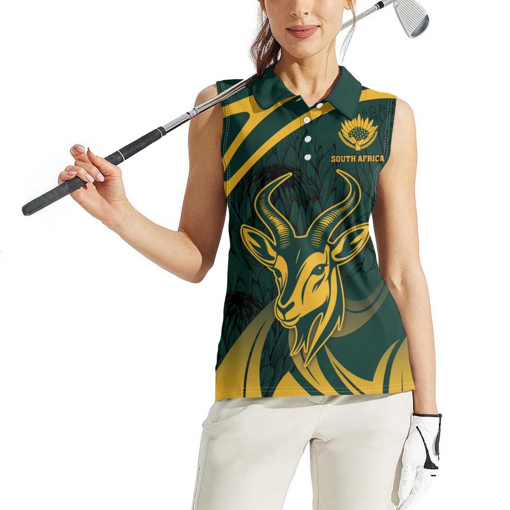 Personalized South Africa Springbok Women Sleeveless Polo Shirt With Trendy Protea Flowers Patterns - Wonder Print Shop