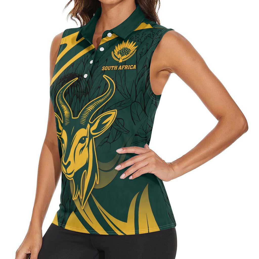 Personalized South Africa Springbok Women Sleeveless Polo Shirt With Trendy Protea Flowers Patterns - Wonder Print Shop