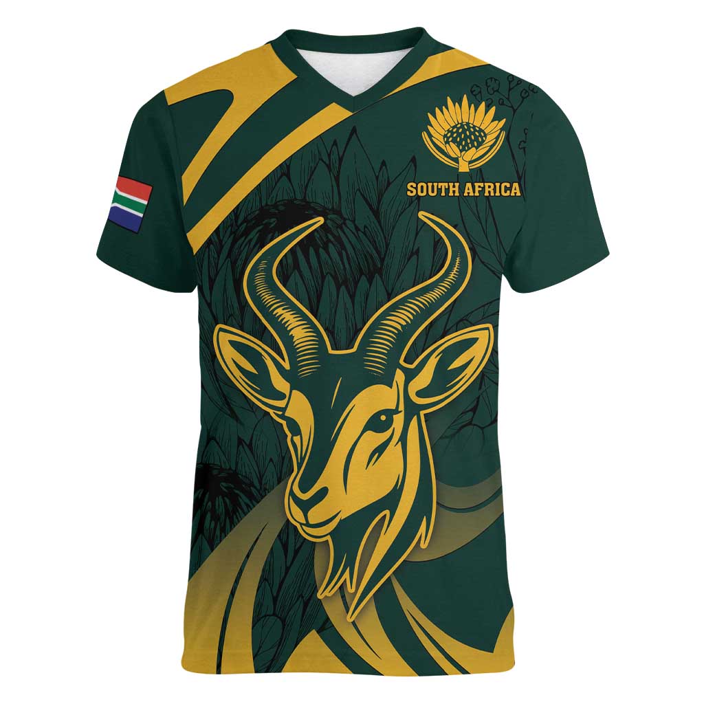 Personalized South Africa Springbok Women V-Neck T-Shirt With Trendy Protea Flowers Patterns - Wonder Print Shop