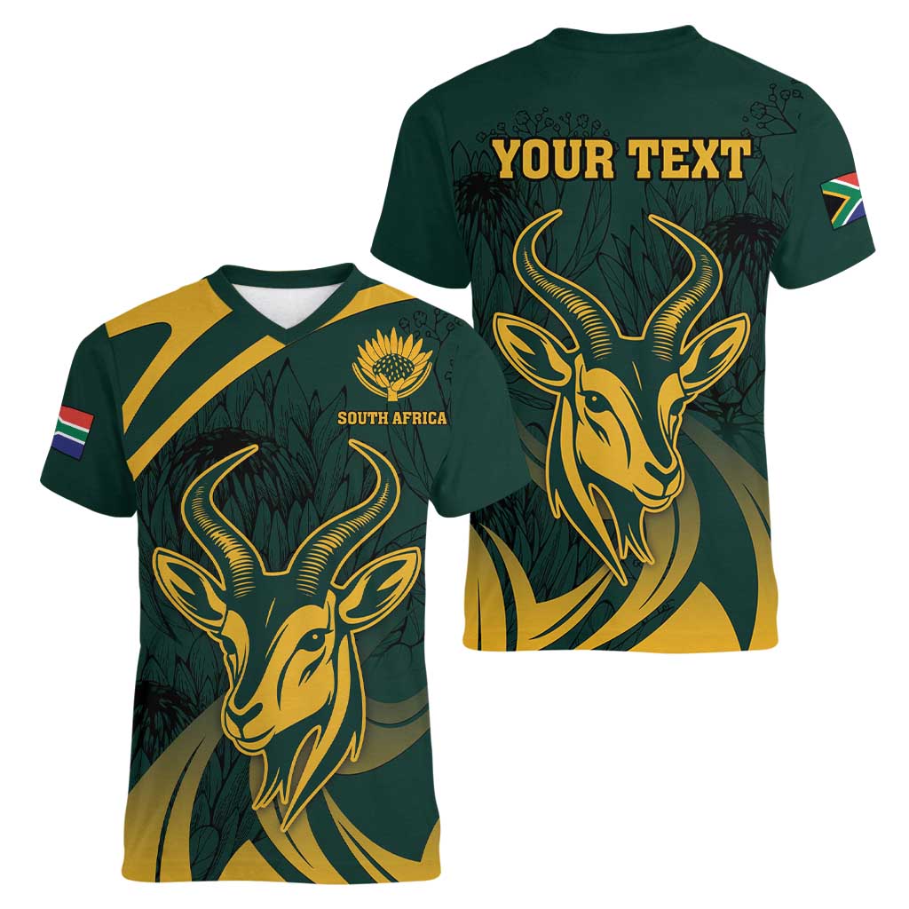 Personalized South Africa Springbok Women V-Neck T-Shirt With Trendy Protea Flowers Patterns - Wonder Print Shop