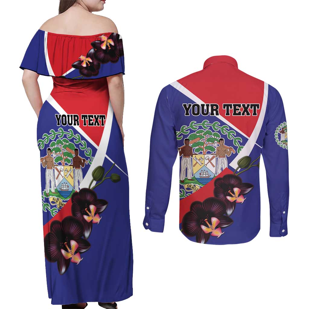 Personalized Belize Coat Of Arms Couples Matching Off Shoulder Maxi Dress and Long Sleeve Button Shirt With Black Orchid Flowers - Wonder Print Shop