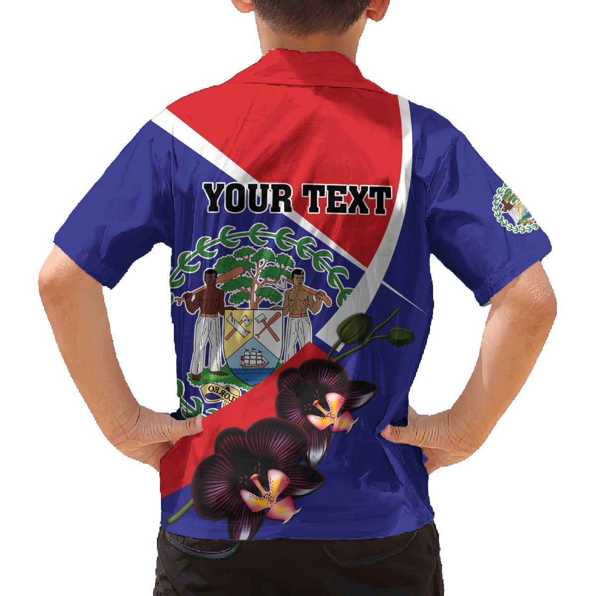 Personalized Belize Coat Of Arms Family Matching Off Shoulder Short Dress and Hawaiian Shirt With Black Orchid Flowers - Wonder Print Shop