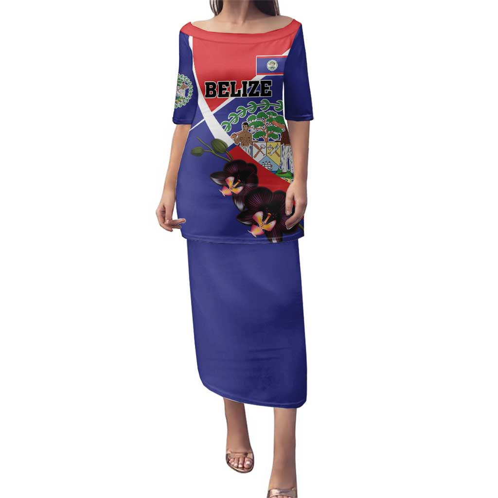 Personalized Belize Coat Of Arms Family Matching Puletasi and Hawaiian Shirt With Black Orchid Flowers - Wonder Print Shop