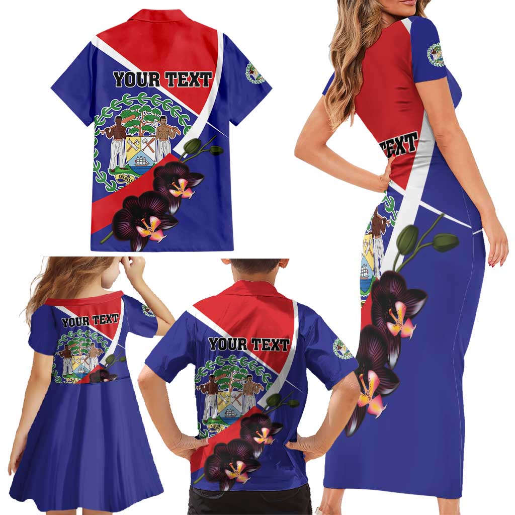 Personalized Belize Coat Of Arms Family Matching Short Sleeve Bodycon Dress and Hawaiian Shirt With Black Orchid Flowers - Wonder Print Shop