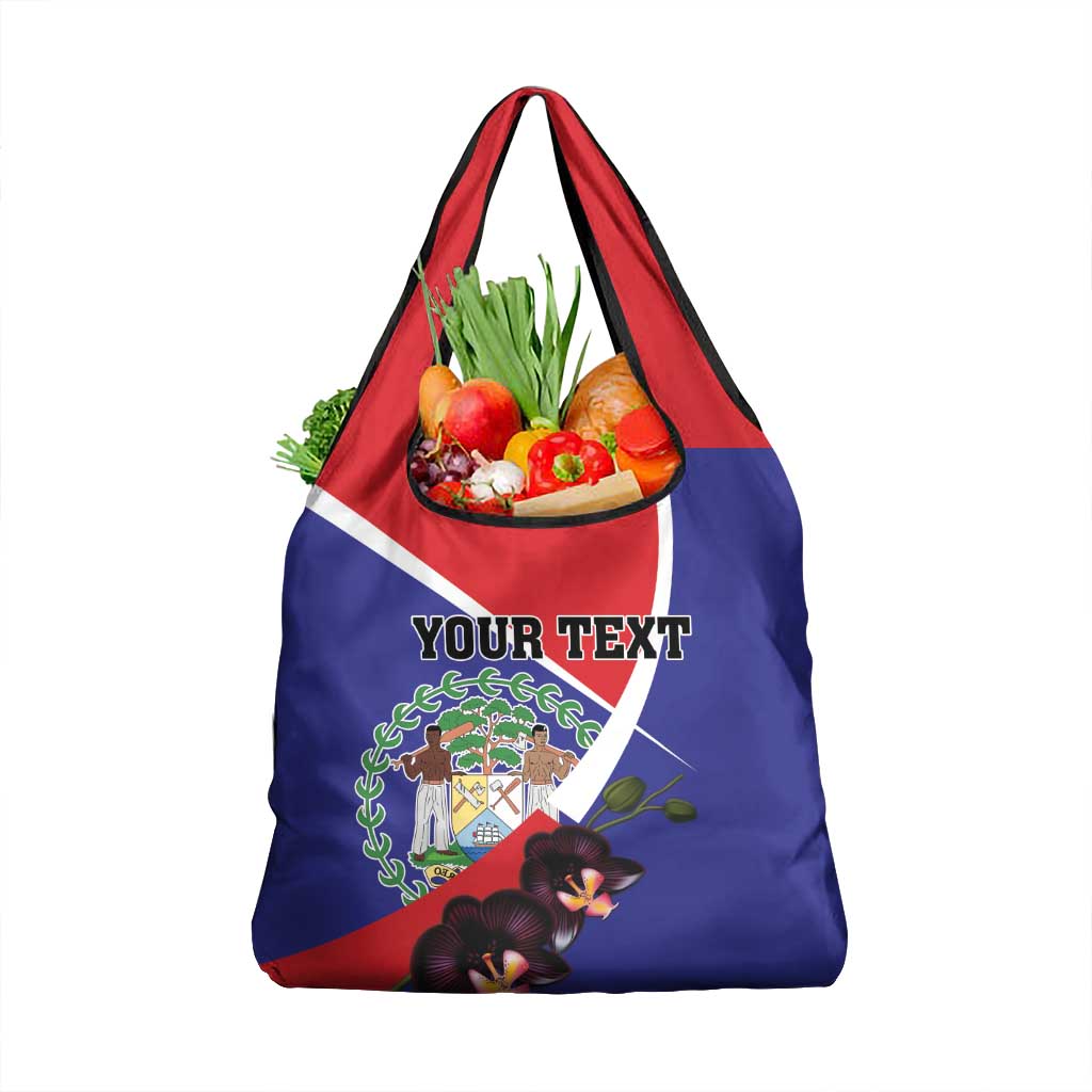 Personalized Belize Coat Of Arms Grocery Bag With Black Orchid Flowers