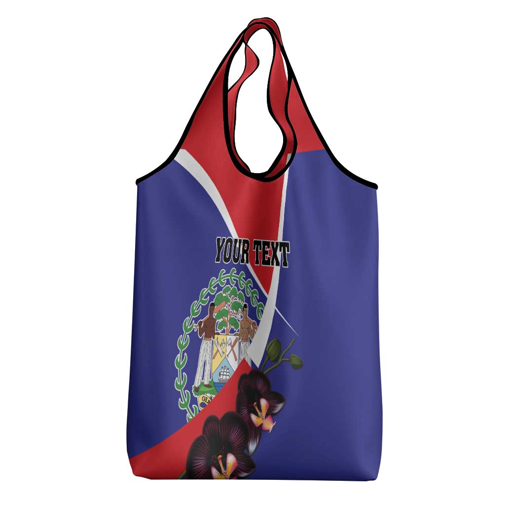 Personalized Belize Coat Of Arms Grocery Bag With Black Orchid Flowers
