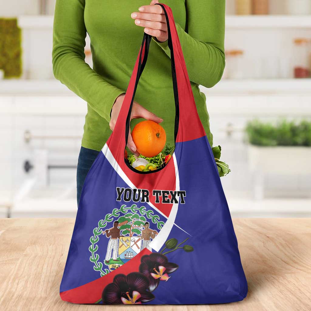 Personalized Belize Coat Of Arms Grocery Bag With Black Orchid Flowers