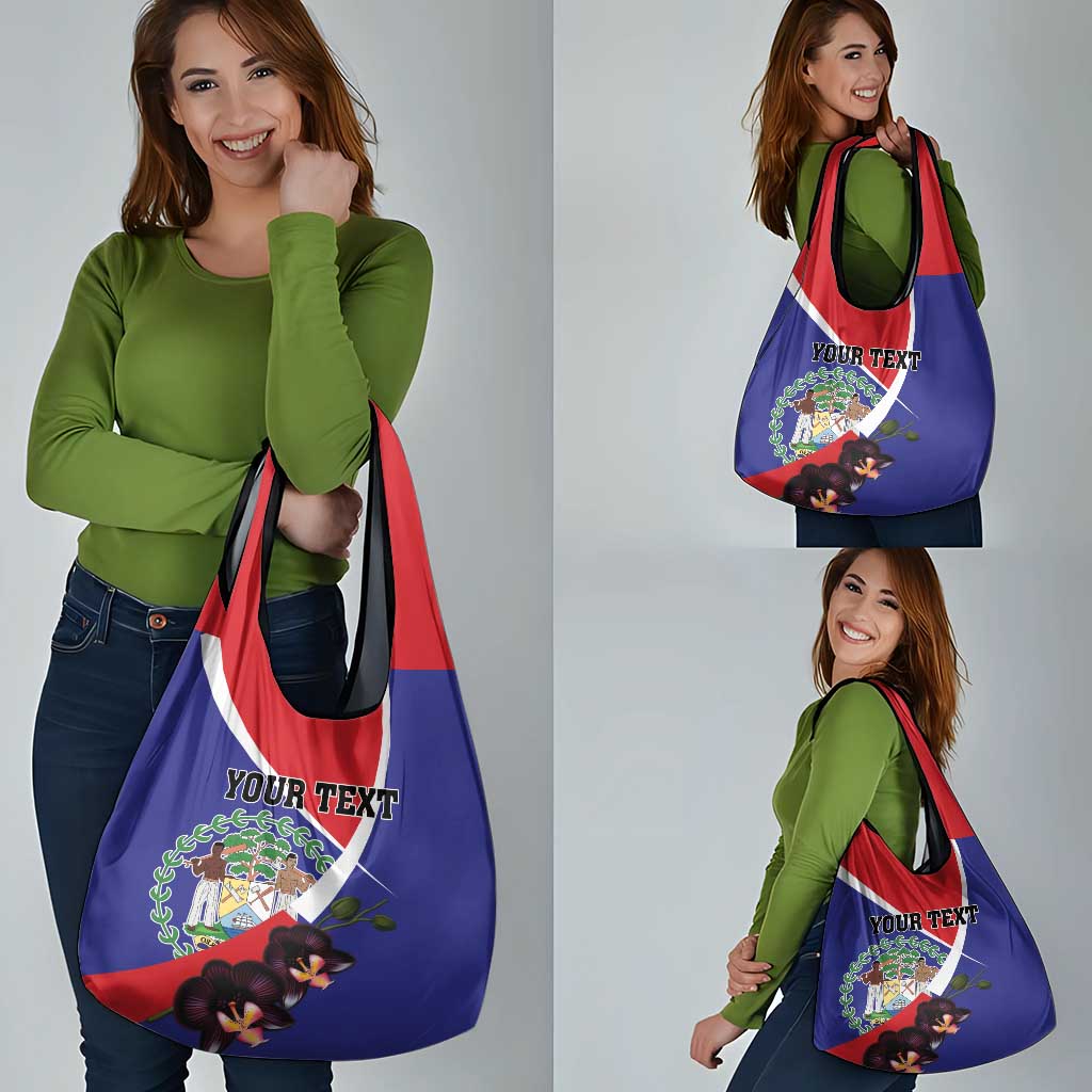 Personalized Belize Coat Of Arms Grocery Bag With Black Orchid Flowers