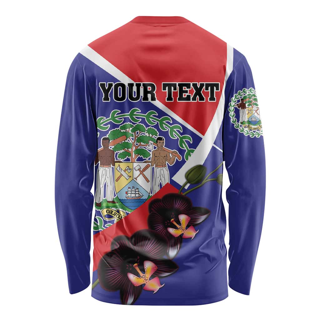 Personalized Belize Coat Of Arms Long Sleeve Shirt With Black Orchid Flowers - Wonder Print Shop