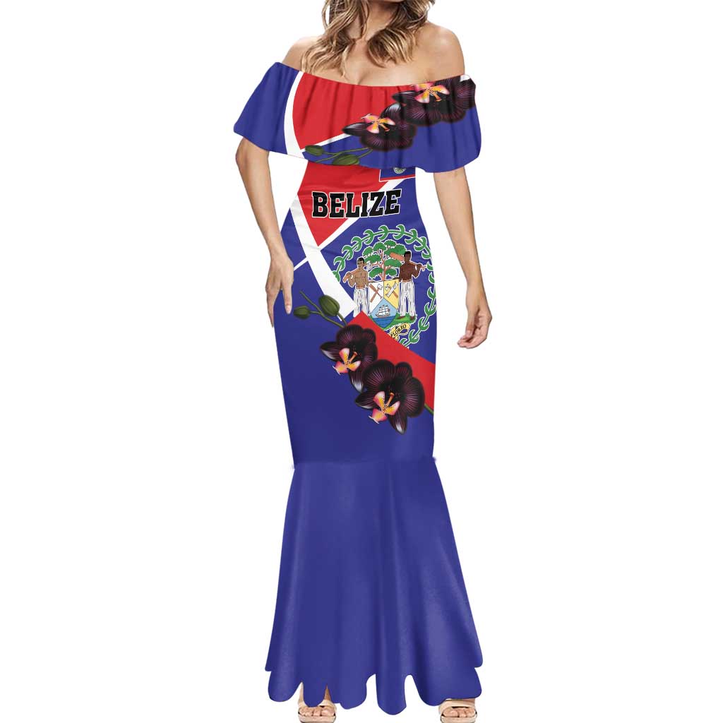 Personalized Belize Coat Of Arms Mermaid Dress With Black Orchid Flowers - Wonder Print Shop