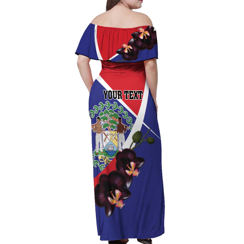 Personalized Belize Coat Of Arms Off Shoulder Maxi Dress With Black Orchid Flowers - Wonder Print Shop