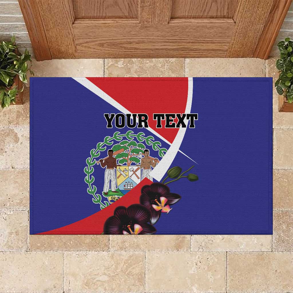 Personalized Belize Coat Of Arms Rubber Doormat With Black Orchid Flowers - Wonder Print Shop