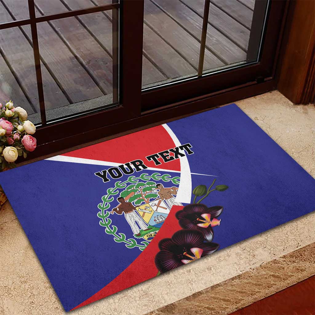 Personalized Belize Coat Of Arms Rubber Doormat With Black Orchid Flowers - Wonder Print Shop