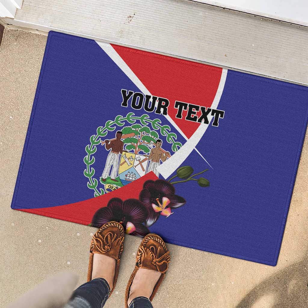 Personalized Belize Coat Of Arms Rubber Doormat With Black Orchid Flowers - Wonder Print Shop