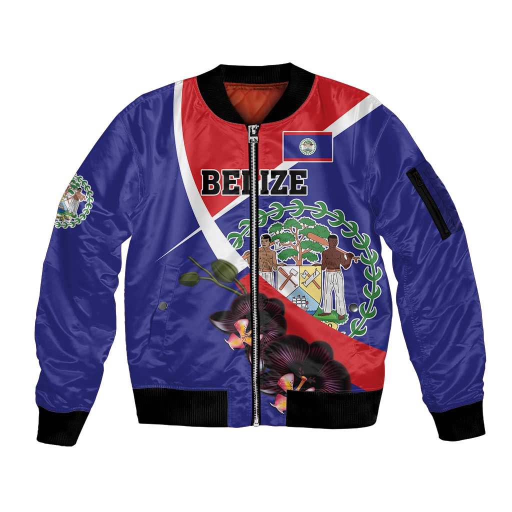 Personalized Belize Coat Of Arms Sleeve Zip Bomber Jacket With Black Orchid Flowers - Wonder Print Shop