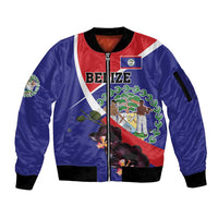 Personalized Belize Coat Of Arms Sleeve Zip Bomber Jacket With Black Orchid Flowers - Wonder Print Shop