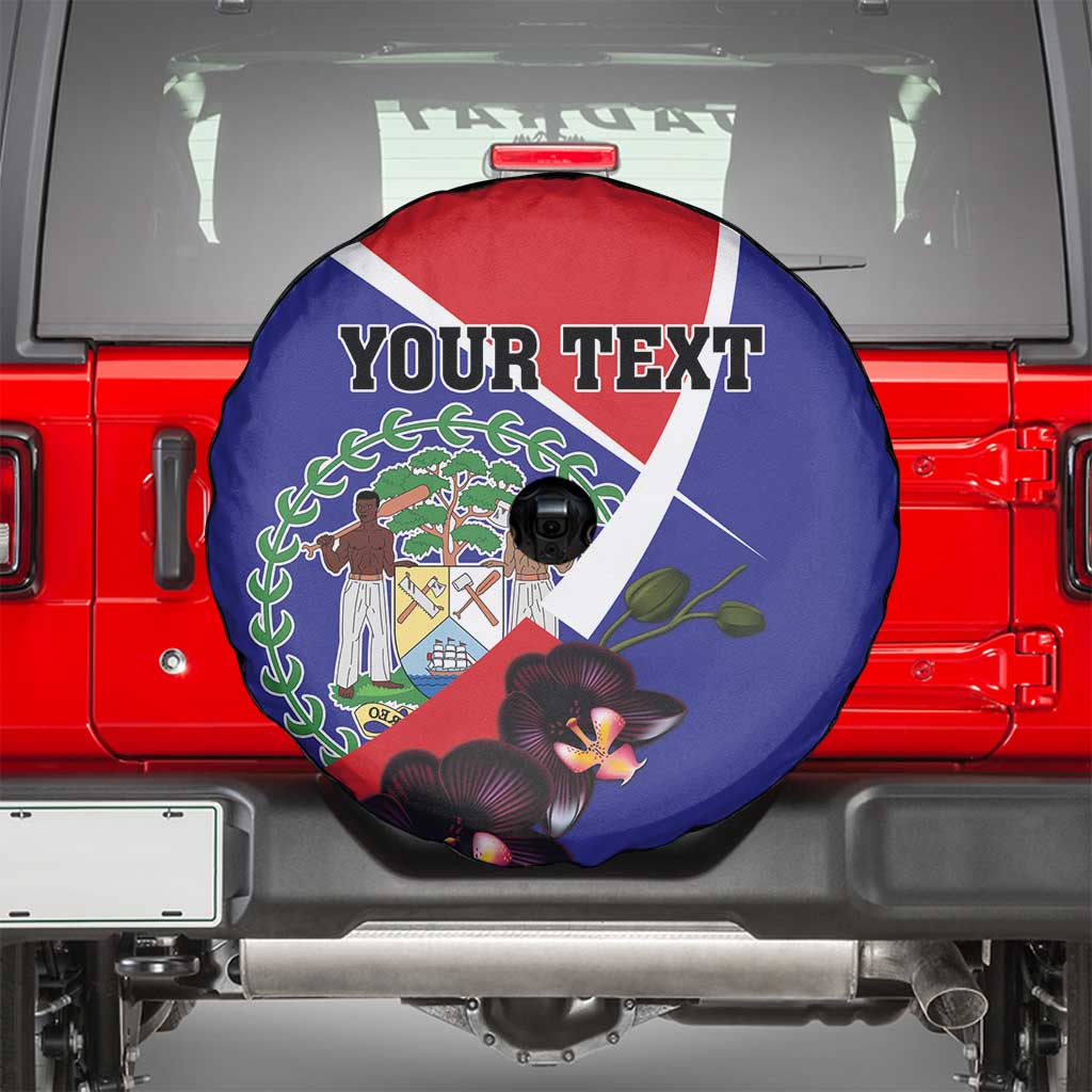 Personalized Belize Coat Of Arms Spare Tire Cover With Black Orchid Flowers - Wonder Print Shop