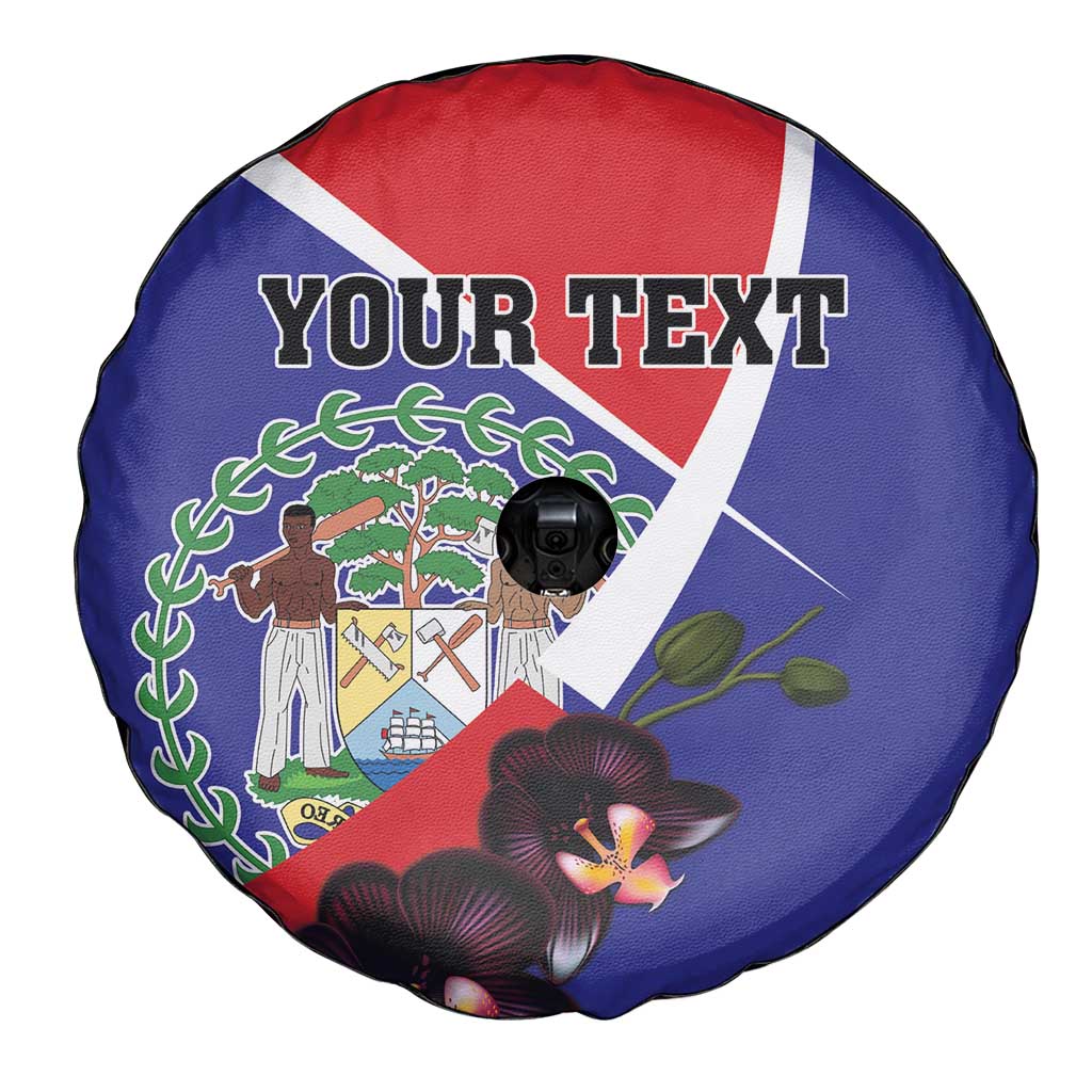 Personalized Belize Coat Of Arms Spare Tire Cover With Black Orchid Flowers - Wonder Print Shop