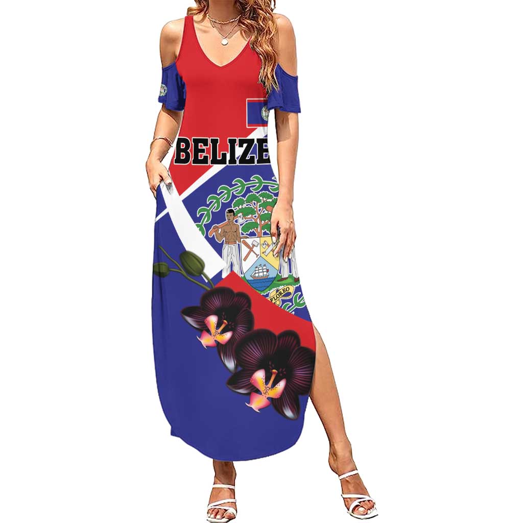 Personalized Belize Coat Of Arms Summer Maxi Dress With Black Orchid Flowers - Wonder Print Shop