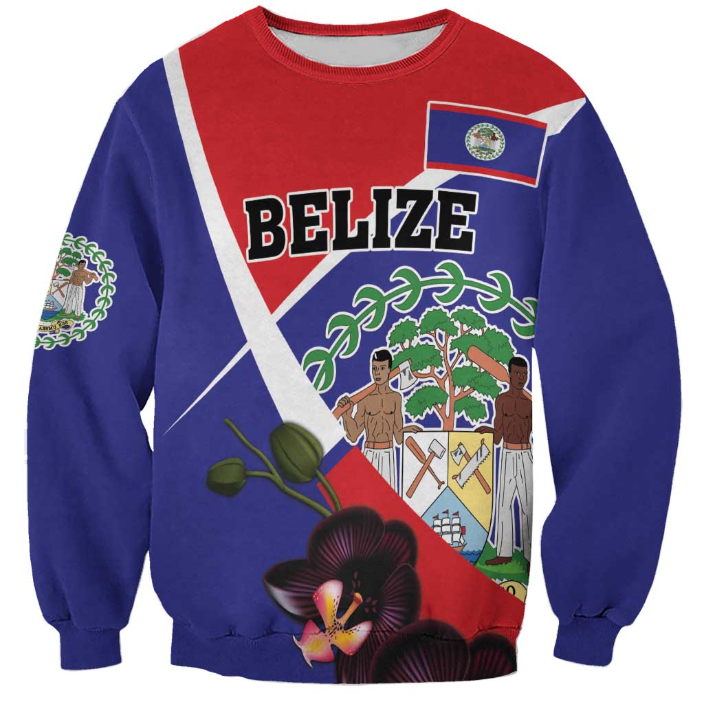 Personalized Belize Coat Of Arms Sweatshirt With Black Orchid Flowers - Wonder Print Shop