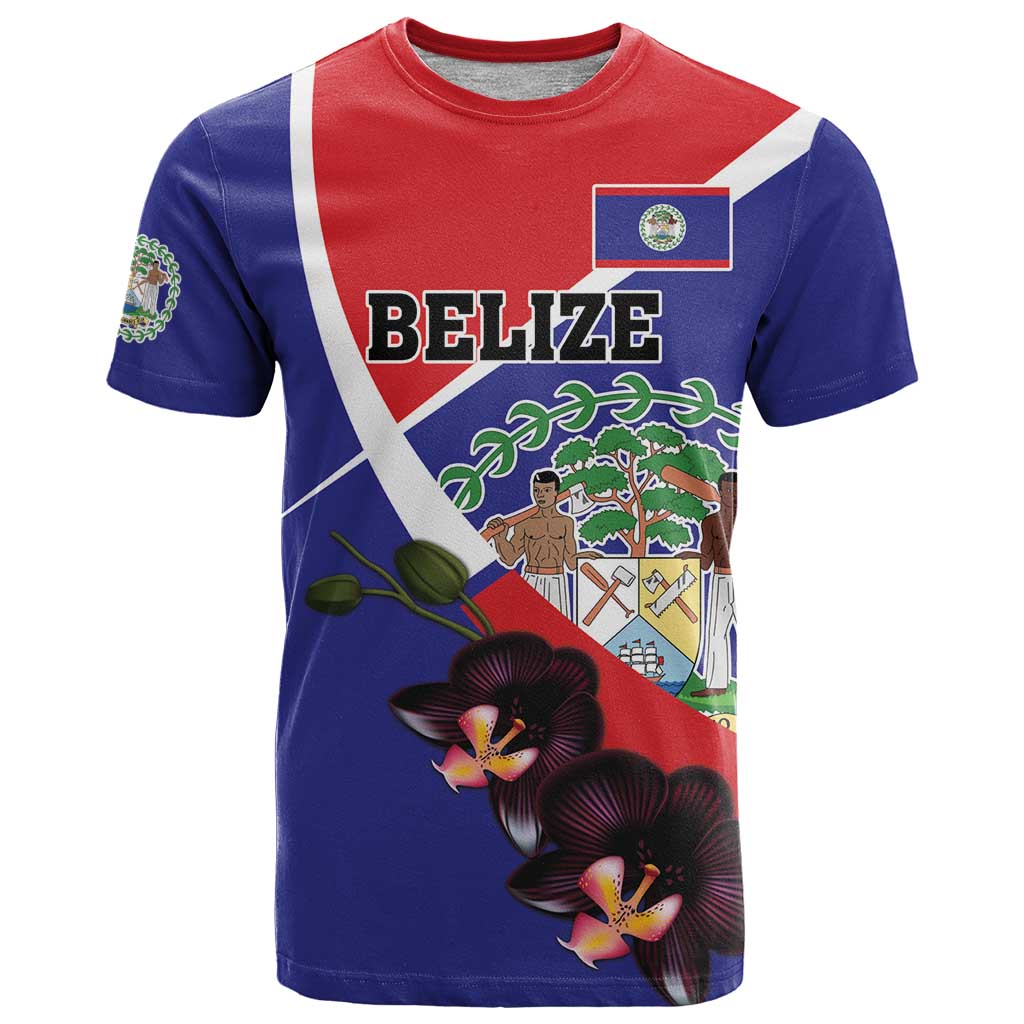 Personalized Belize Coat Of Arms T Shirt With Black Orchid Flowers - Wonder Print Shop