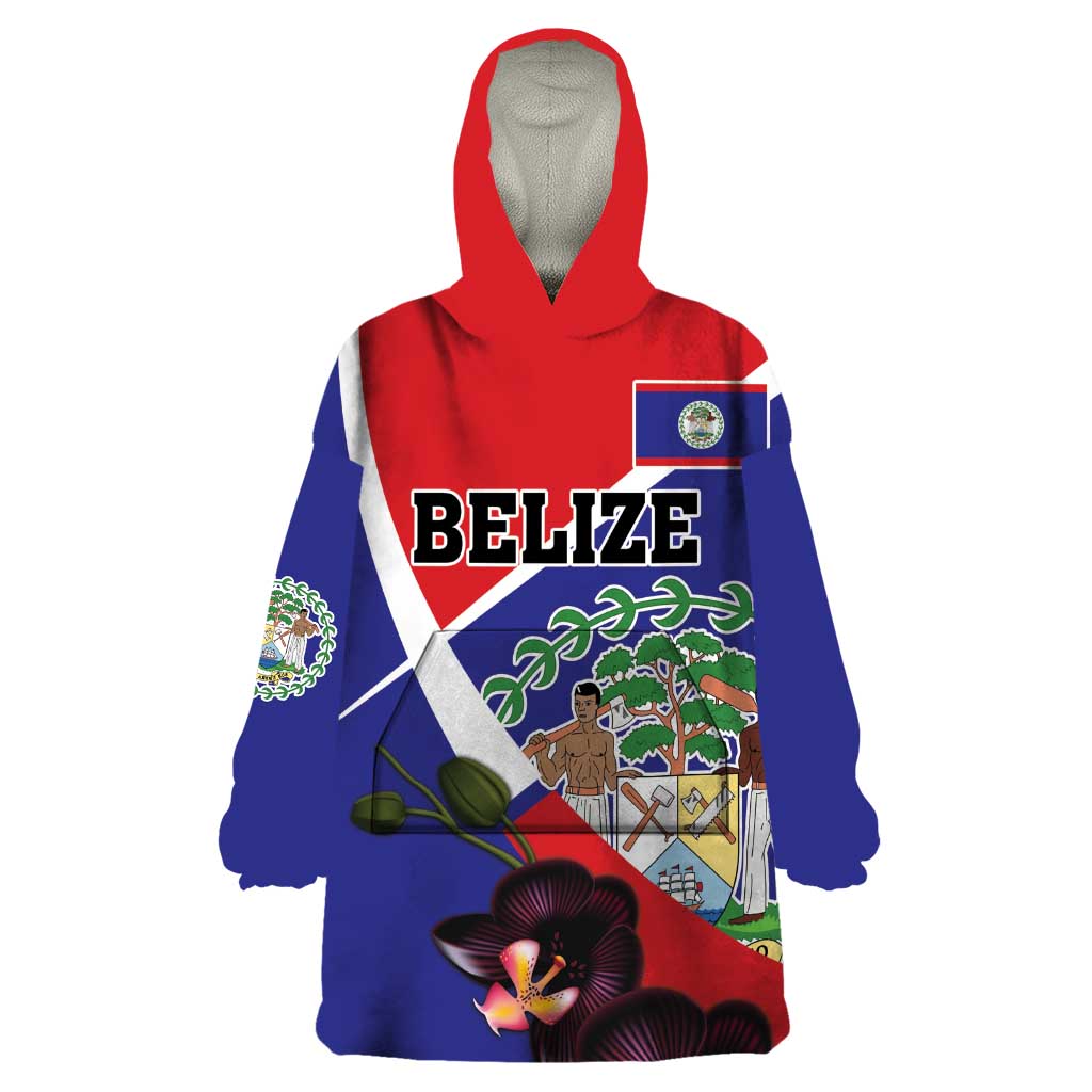 Personalized Belize Coat Of Arms Wearable Blanket Hoodie With Black Orchid Flowers - Wonder Print Shop