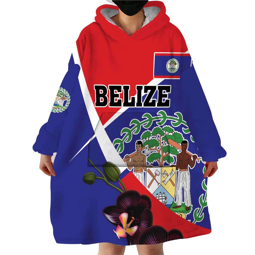 Personalized Belize Coat Of Arms Wearable Blanket Hoodie With Black Orchid Flowers - Wonder Print Shop
