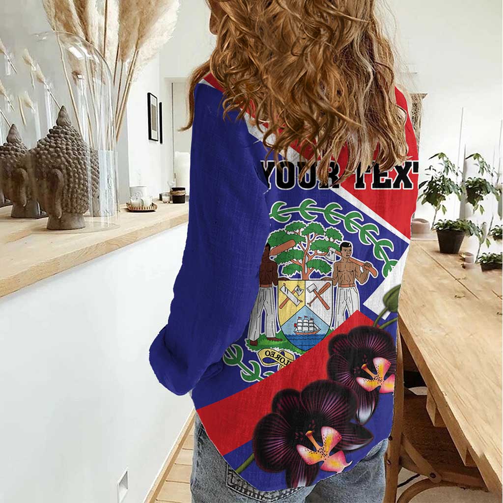 Personalized Belize Coat Of Arms Women Casual Shirt With Black Orchid Flowers - Wonder Print Shop