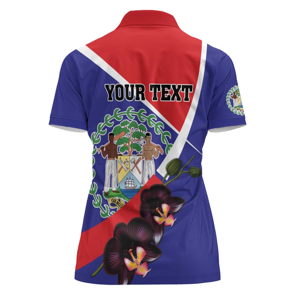 Personalized Belize Coat Of Arms Women Polo Shirt With Black Orchid Flowers - Wonder Print Shop