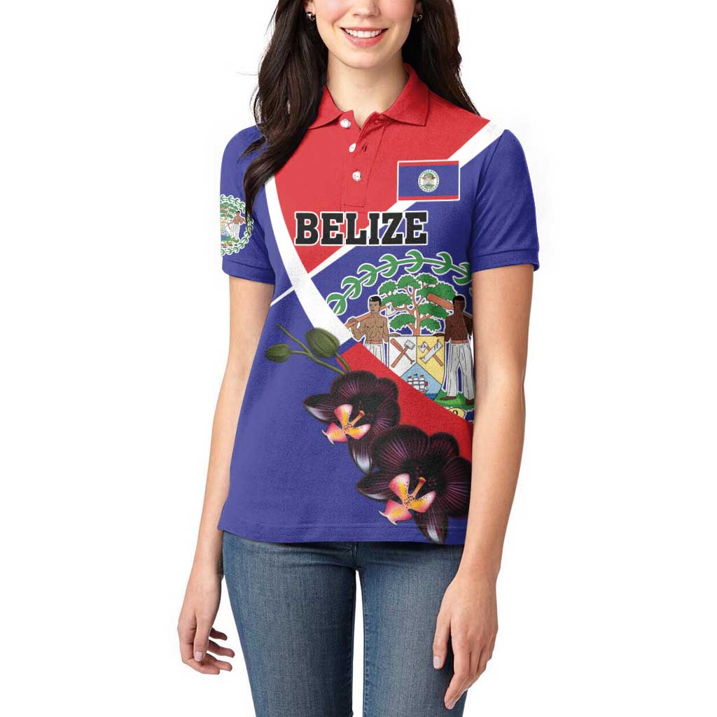 Personalized Belize Coat Of Arms Women Polo Shirt With Black Orchid Flowers - Wonder Print Shop