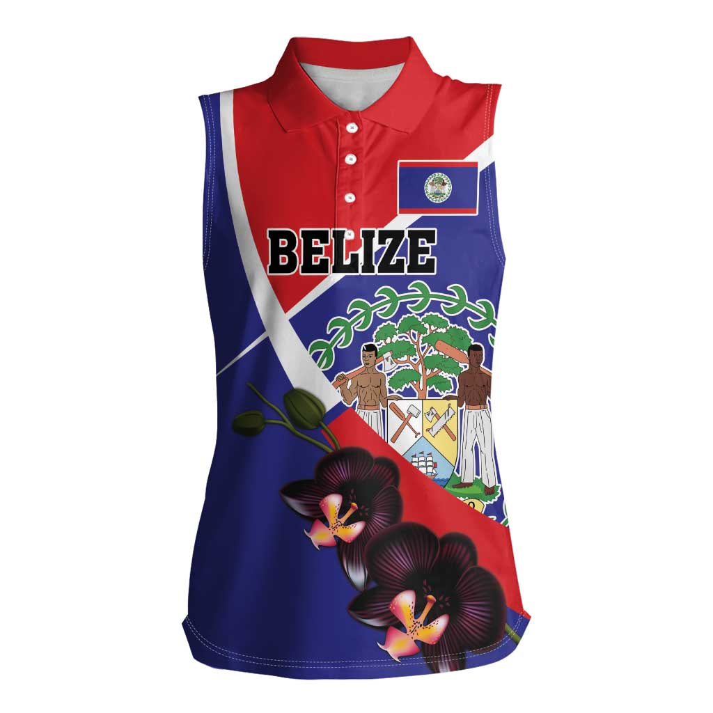 Personalized Belize Coat Of Arms Women Sleeveless Polo Shirt With Black Orchid Flowers - Wonder Print Shop