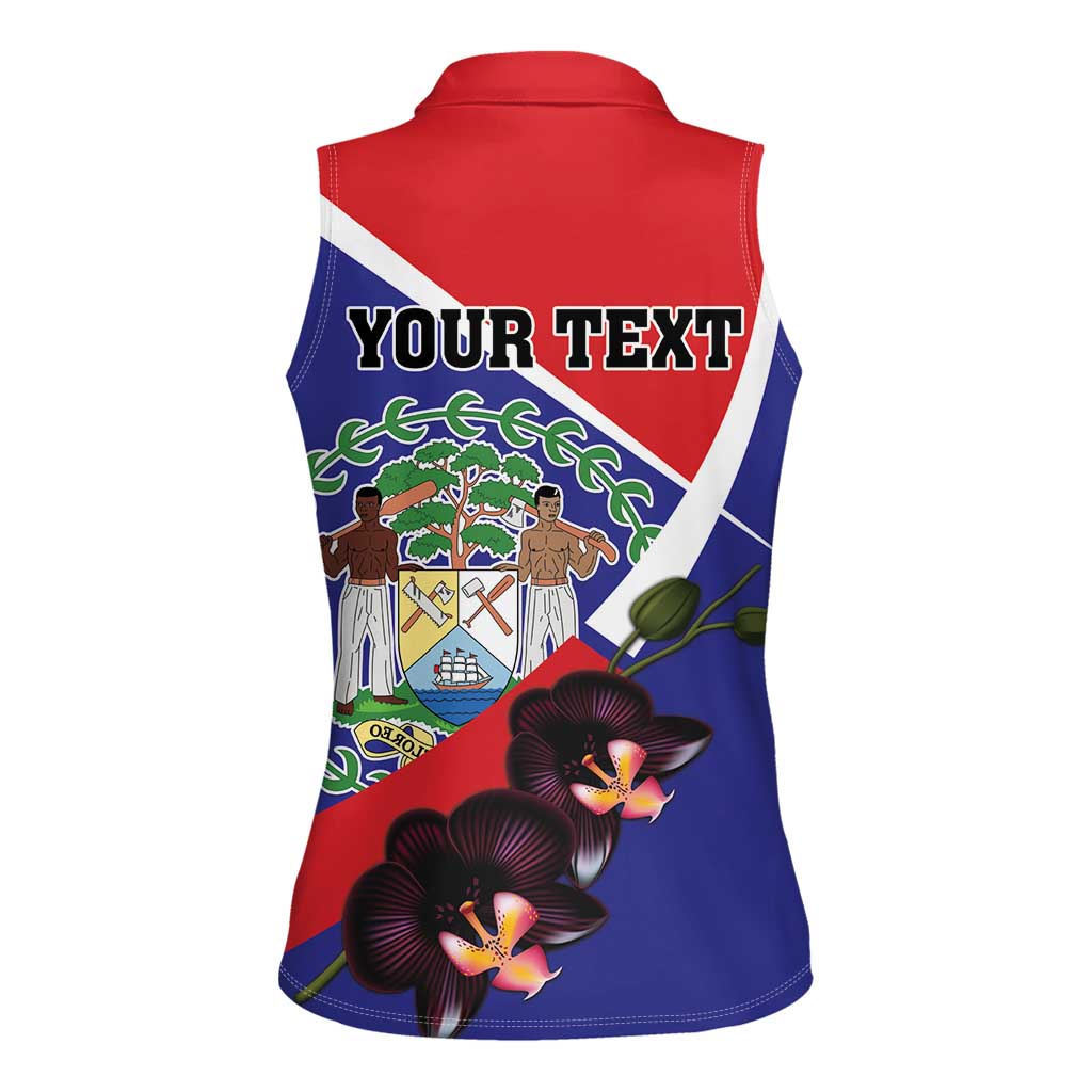 Personalized Belize Coat Of Arms Women Sleeveless Polo Shirt With Black Orchid Flowers - Wonder Print Shop