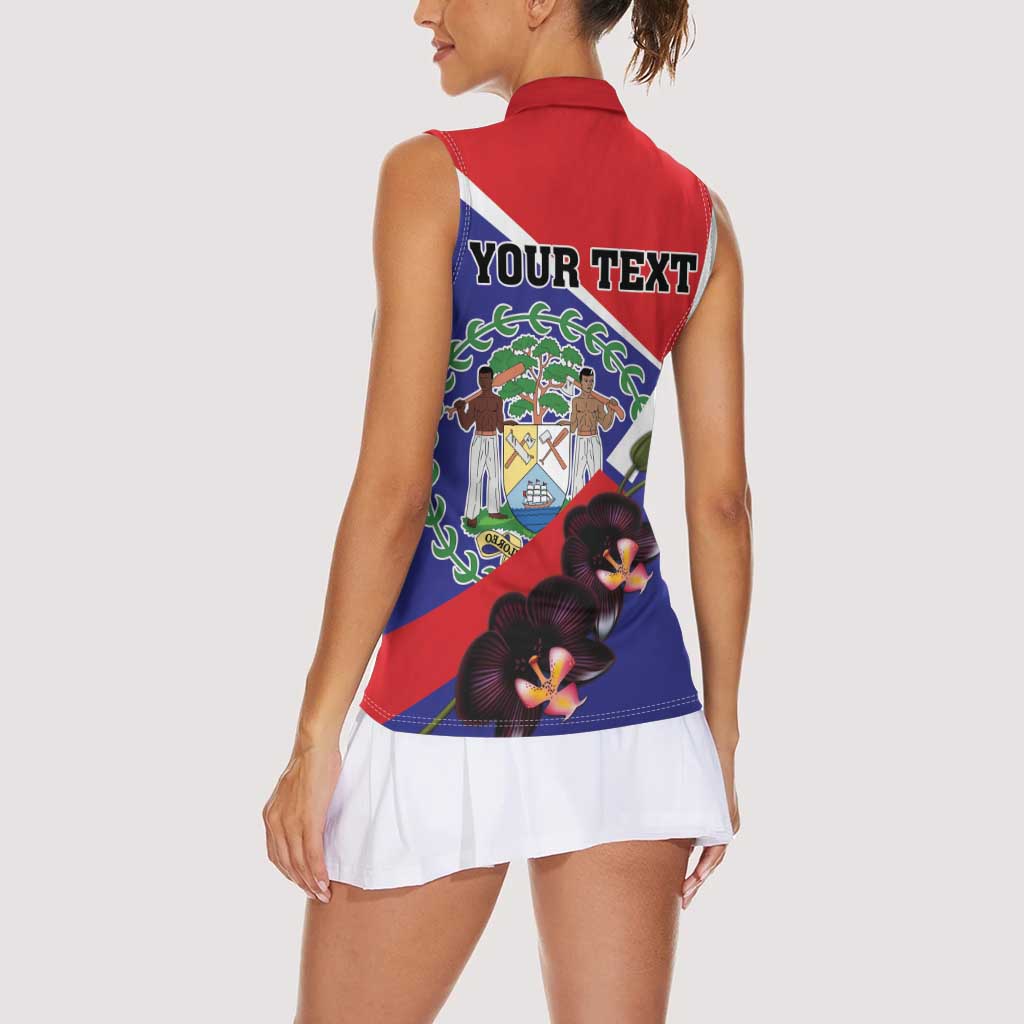 Personalized Belize Coat Of Arms Women Sleeveless Polo Shirt With Black Orchid Flowers - Wonder Print Shop
