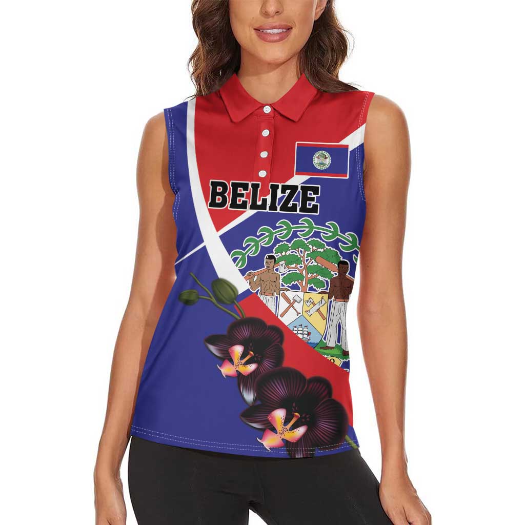Personalized Belize Coat Of Arms Women Sleeveless Polo Shirt With Black Orchid Flowers - Wonder Print Shop