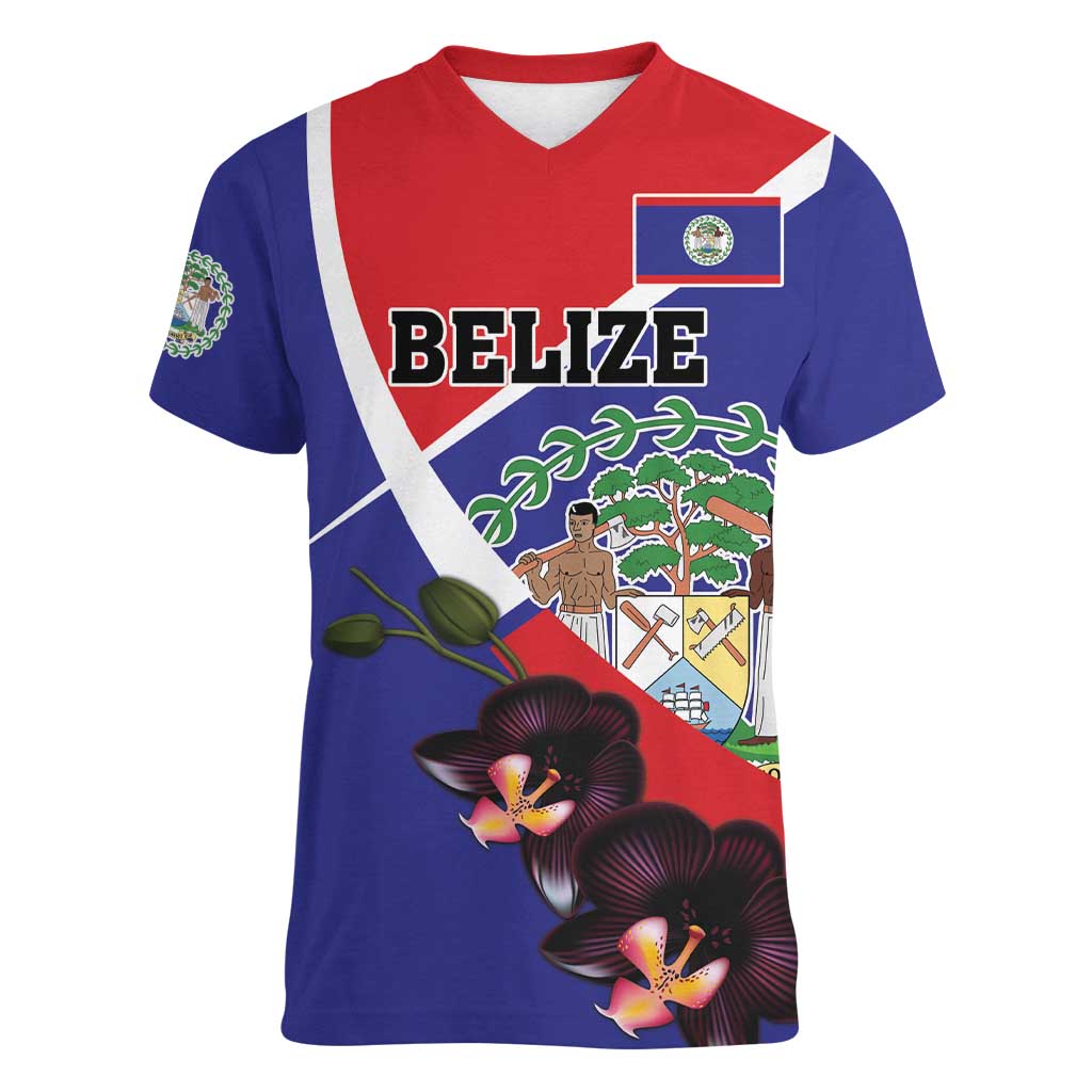 Personalized Belize Coat Of Arms Women V-Neck T-Shirt With Black Orchid Flowers - Wonder Print Shop