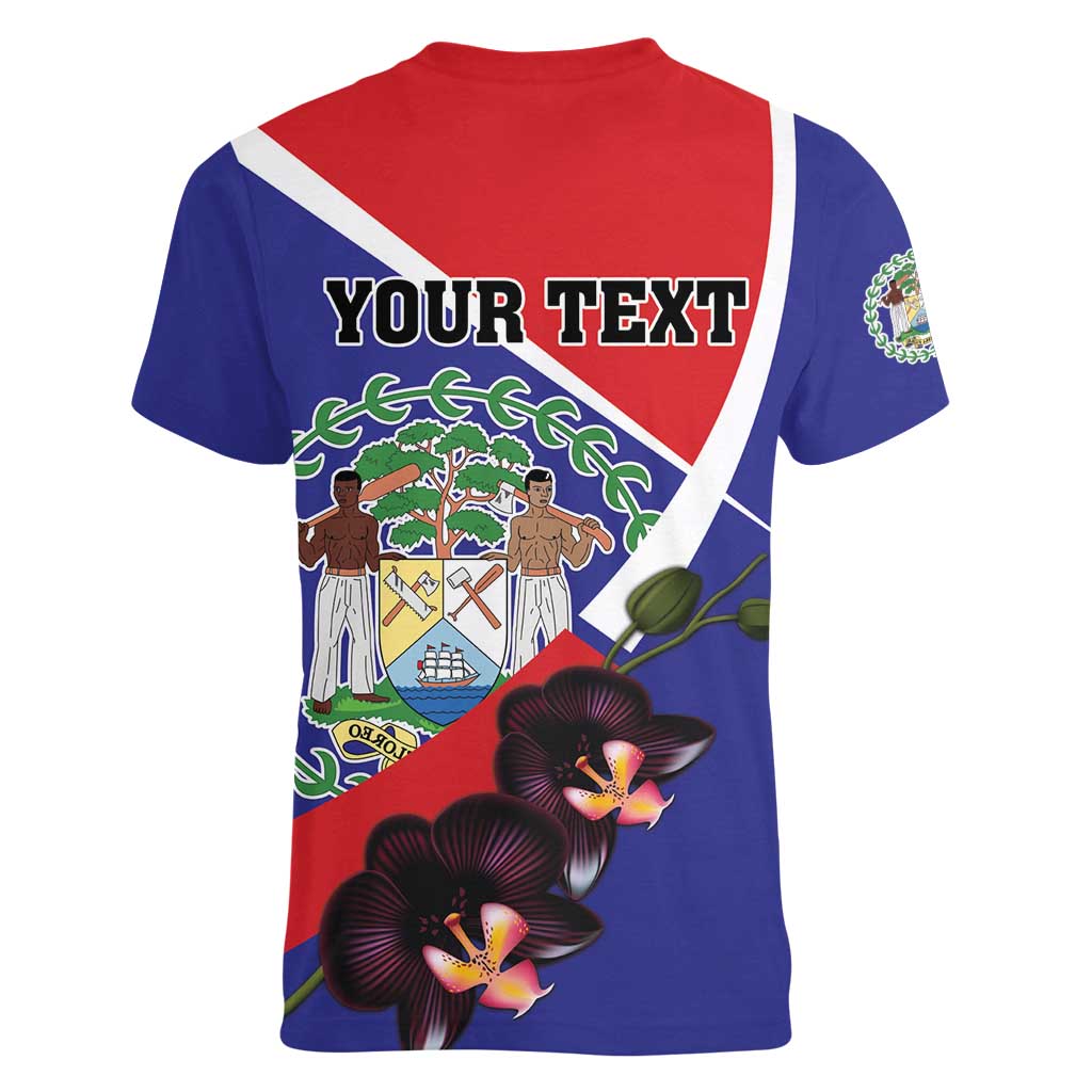 Personalized Belize Coat Of Arms Women V-Neck T-Shirt With Black Orchid Flowers - Wonder Print Shop