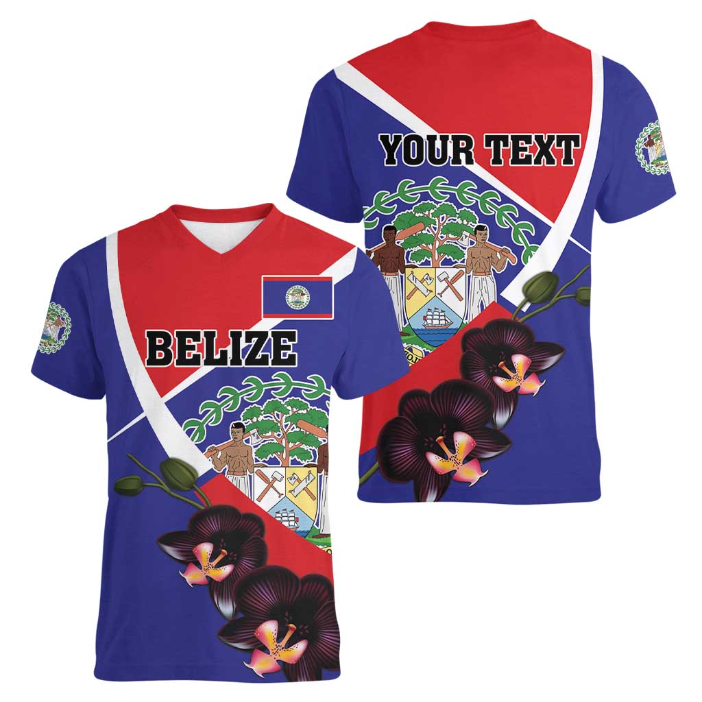 Personalized Belize Coat Of Arms Women V-Neck T-Shirt With Black Orchid Flowers - Wonder Print Shop