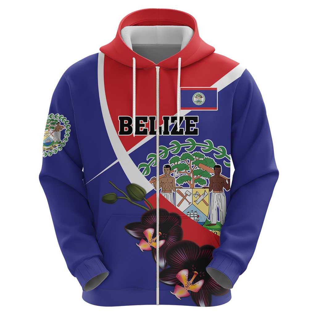 Personalized Belize Coat Of Arms Zip Hoodie With Black Orchid Flowers - Wonder Print Shop