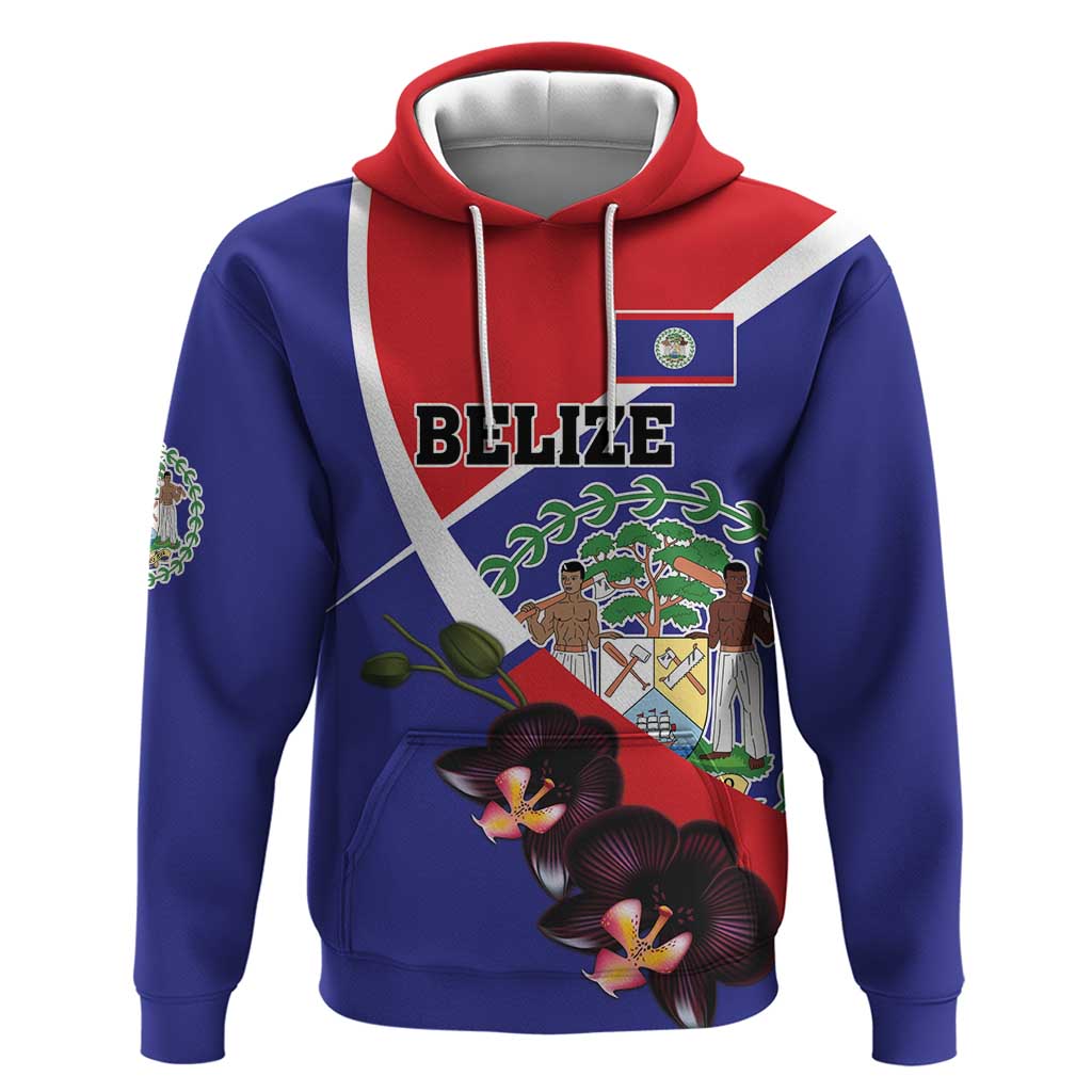 Personalized Belize Coat Of Arms Zip Hoodie With Black Orchid Flowers - Wonder Print Shop