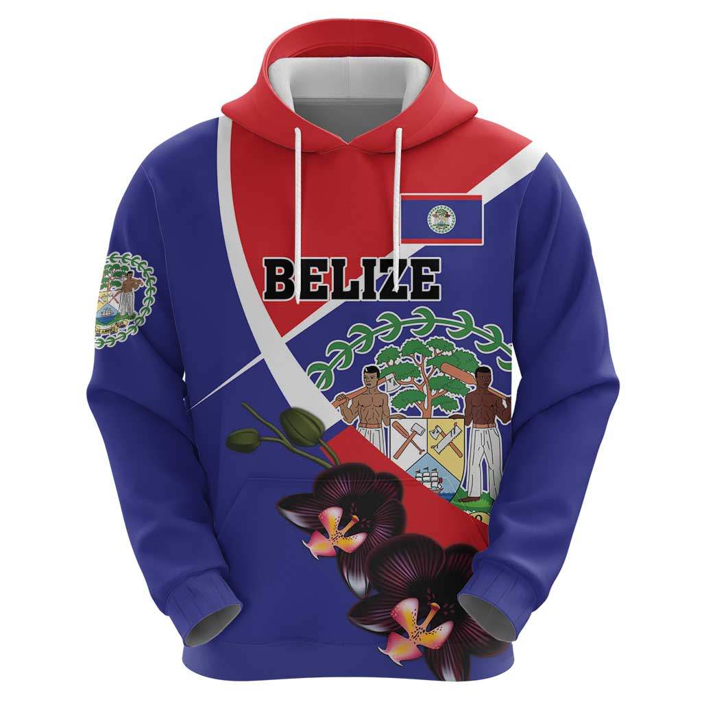 Personalized Belize Coat Of Arms Zip Hoodie With Black Orchid Flowers - Wonder Print Shop