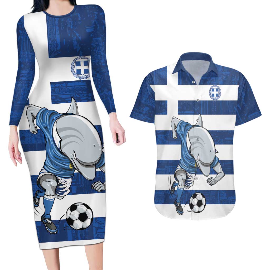 Greece Football Couples Matching Long Sleeve Bodycon Dress and Hawaiian Shirt Dolphin Mascot Grunge Style - Wonder Print Shop