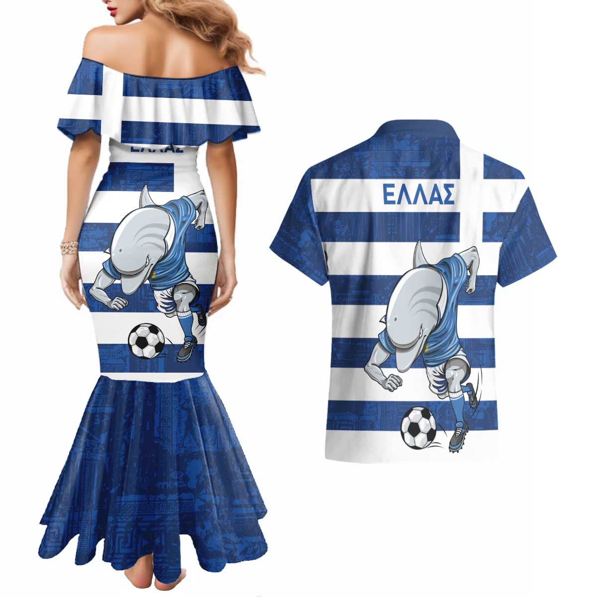 Greece Football Couples Matching Mermaid Dress and Hawaiian Shirt Dolphin Mascot Grunge Style - Wonder Print Shop