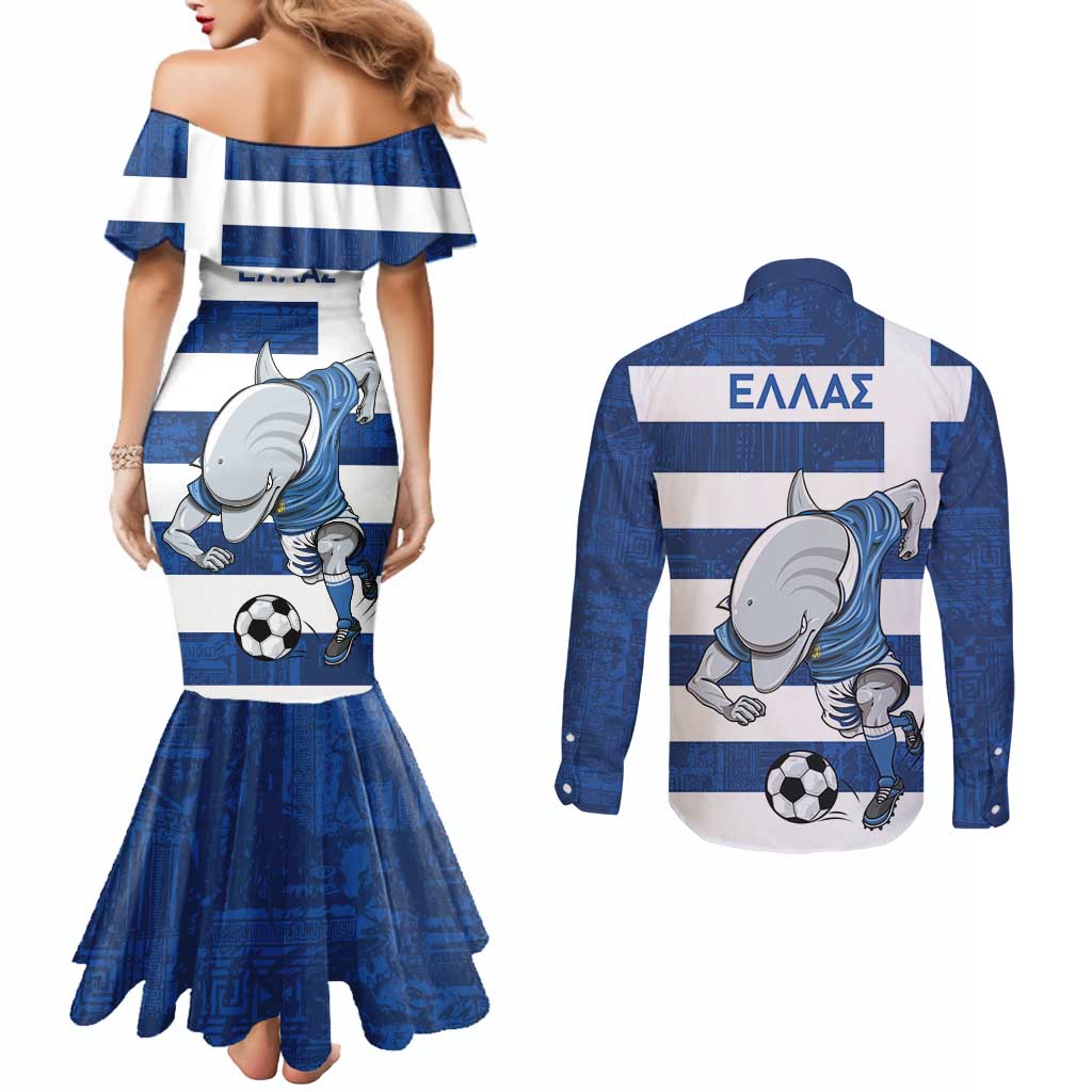 Greece Football Couples Matching Mermaid Dress and Long Sleeve Button Shirt Dolphin Mascot Grunge Style - Wonder Print Shop
