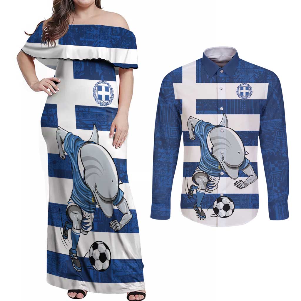 Greece Football Couples Matching Off Shoulder Maxi Dress and Long Sleeve Button Shirt Dolphin Mascot Grunge Style - Wonder Print Shop
