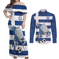 Greece Football Couples Matching Off Shoulder Maxi Dress and Long Sleeve Button Shirt Dolphin Mascot Grunge Style - Wonder Print Shop
