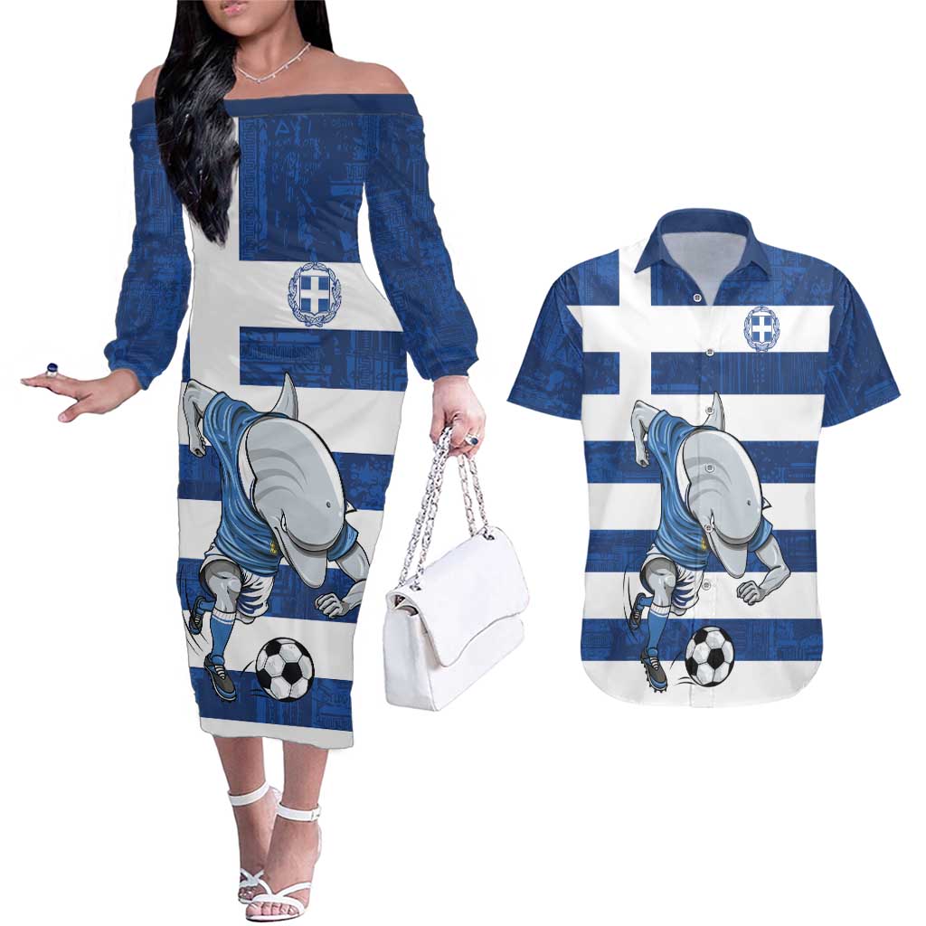 Greece Football Couples Matching Off The Shoulder Long Sleeve Dress and Hawaiian Shirt Dolphin Mascot Grunge Style - Wonder Print Shop