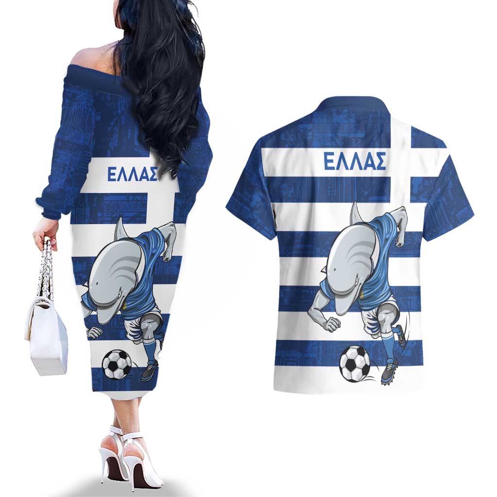 Greece Football Couples Matching Off The Shoulder Long Sleeve Dress and Hawaiian Shirt Dolphin Mascot Grunge Style - Wonder Print Shop