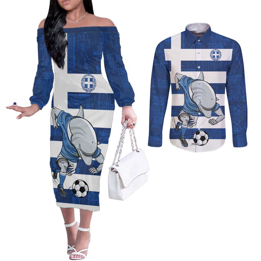 Greece Football Couples Matching Off The Shoulder Long Sleeve Dress and Long Sleeve Button Shirt Dolphin Mascot Grunge Style - Wonder Print Shop